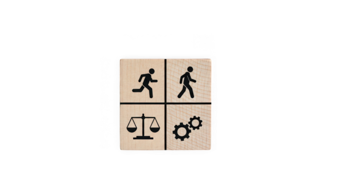 Wooden block with icons of running person, scale, and gears, isolated on transparent background