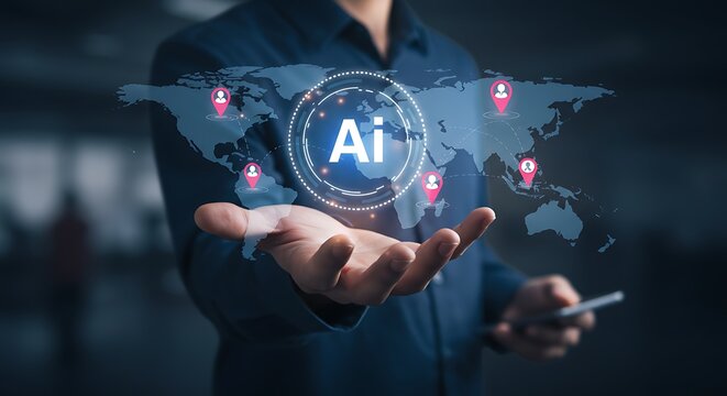 Person holding AI global network in hand artificial intelligence technology world map digital future innovation connection
