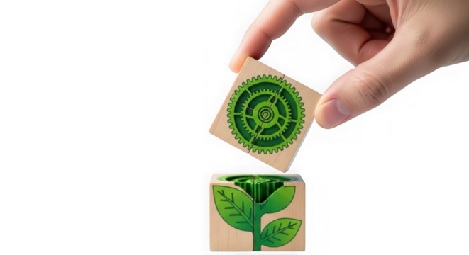 Hand placing a wooden block with a green gear drawing on a puzzle of blocks with a green plant, isolated on transparent background