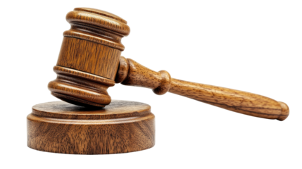 wooden gavel rests on its sound block, embodying justice, judgment, and authority in a simple yet powerful depiction. Isolated On Transparent and White Background