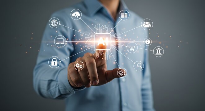 Person interacting with AI technology interface showing various icons Artificial Intelligence Digital Innovation Network Connection