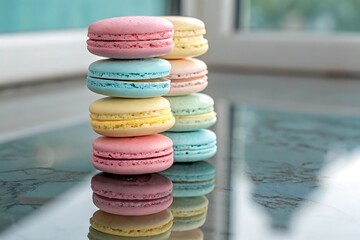A stack of colorful macarons on a reflective surface with a blurred background near a window light
