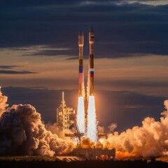 Rocket Launching into the Sky with Fiery Clouds