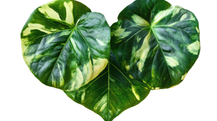 Close-up of vibrant pothos leaves forming a heart shape, showcasing the plant's intricate patterns and textures with a clean backdrop. Isolated On Transparent and White Background