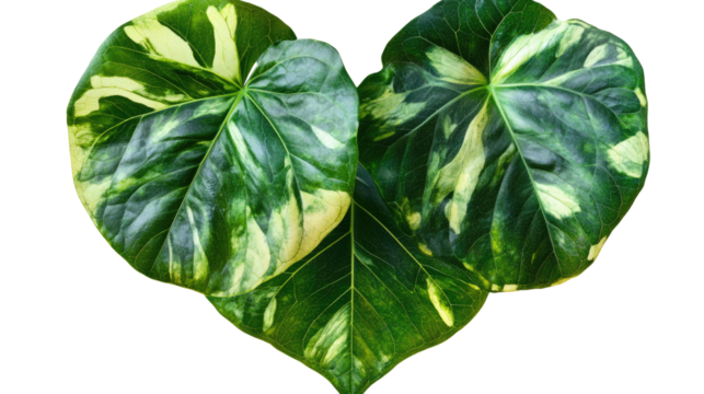 Close-up of vibrant pothos leaves forming a heart shape, showcasing the plant's intricate patterns and textures with a clean backdrop. Isolated On Transparent and White Background
