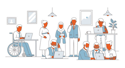 Vector art of diverse group of people working together in an office environment