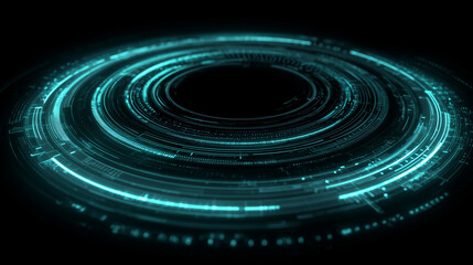 青く輝く未来的なホログラフィックHUDのリングが回転するテクノロジー背景
