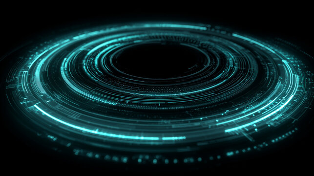 青く輝く未来的なホログラフィックHUDのリングが回転するテクノロジー背景 - Powered by Adobe