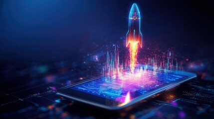 Rocket launching into digital space with data visualization on tablet