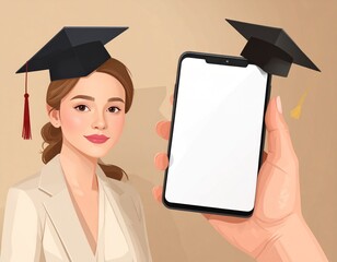Illustrated graduate, mortarboard atop head, next to hand holding phone with blank screen, another cap floating above. Plain background