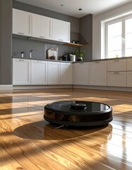 Sleek robot vacuum on light hardwood floor in a bright, modern kitchen with white cabinets, gray walls, and a sunlit window
