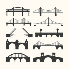 Obraz premium Vector art of collection of various bridge silhouettes including suspension, arch, beam, and drawbridges, isolated on a light background