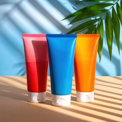 Three colorful tubes with white caps stand in the sunlight, casting palm-leaf shadows on a tan surface against a light blue backdrop