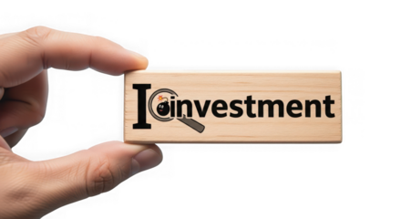 Hand holding a wooden block with the word investment and a magnifying glass symbol, isolated on transparent background