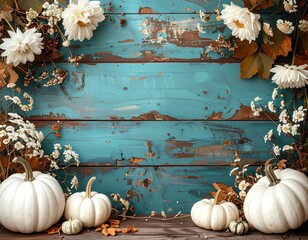 Rustic, weathered blue wood backdrop adorned with white pumpkins, dahlias, autumn leaves, and delicate white flowers. Festive, autumnal arrangement