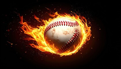 A baseball is engulfed in vibrant, dynamic flames against a stark black backdrop, creating a striking and energetic visual contrast