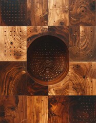 Abstract composition of wood squares with a central oval void containing a pattern of holes, creating texture and depth on a wooden surface