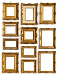 Ornate gold frames in various sizes and orientations are displayed on a white background, casting soft shadows creating a gallery-like effect