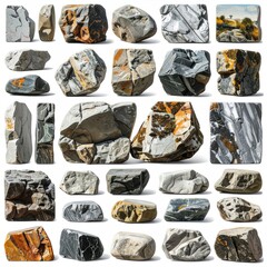Collection of diverse stone fragments, gray, white, brown, and orange, in various shapes, isolated on a white background with soft shadows