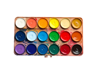 Watercolor paint palette vibrant colors arranged in neat rows, perfect for creative art projects, painting, and educational activities for all ages.