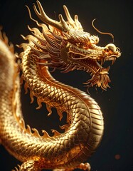 Majestic golden dragon sculpture, detailed scales, curving body against a dark backdrop. Intricate artistry, creating a striking mythological presence