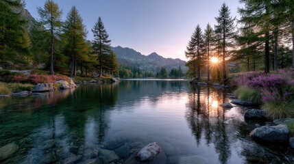 Fototapeta premium Serene Mountain Lake at Sunset Reflecting Golden Light with Evergreen Trees and Wildflowers in Foreground with Clear Water and Calm Atmosphere