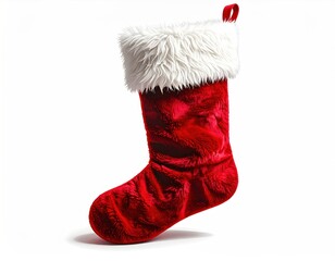 Festive red Christmas stocking with fluffy white trim, casting a soft shadow against a clean, bright white background