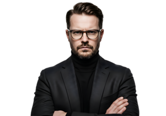 Serious businessman with glasses and suit arms crossed on white background