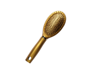 Golden paddle hair brush isolated on white background, featuring rectangular head, plastic bristles, and ergonomic handle for daily hair care routines.