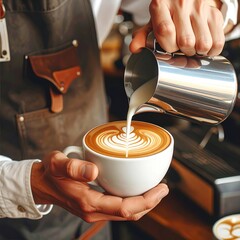 Close-up barista pours milk into espresso, creating latte art. Coffee art detail, apron-clad worker, focused, warm tones, indoor, morning