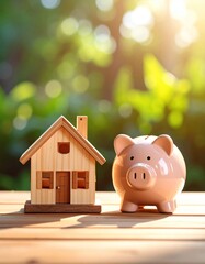 Wooden toy house and pink piggy bank sit on a wooden surface against a blurred, sunny green background. Savings, investments, home