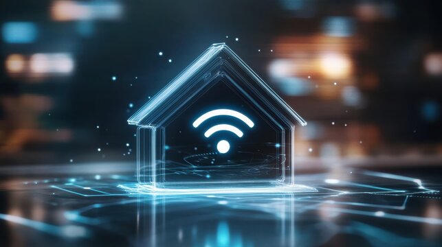 Glowing house icon with wifi symbol in digital city at night