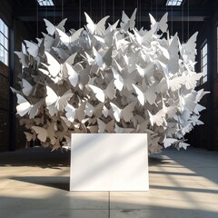 Industrial space features an artistic installation of many white paper butterflies hovering above a white rectangular base, bathed in sunlight