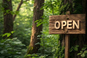 Rustic wooden 'Open' sign beckons visitors into a lush, sun-dappled forest sanctuary for adventure and discovery