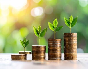 Ascending stacks of coins nurturing vibrant green sprouts against a sunlit, bokeh-filled background, symbolizing growth and potential