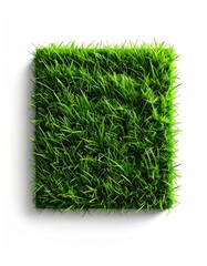 Square of vibrant green grass isolated on white, casting shadow, evoking nature's freshness and simplicity