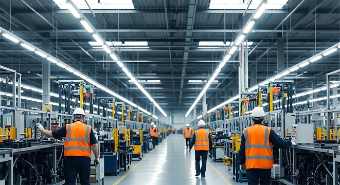 Industrial factory workers in high visibility vests