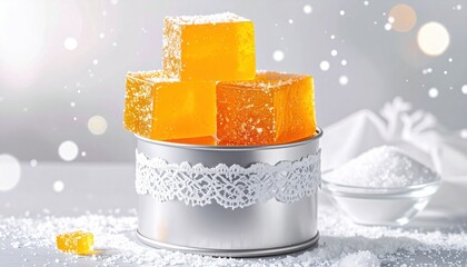 Golden cubed jellies stack in silver tin with lace, beside sugar in glass bowl. Snowflakes gently drift