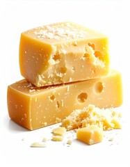 Two blocks of yellow cheese, one stacked atop the other, with cheese shavings on the top block and beside the bottom one