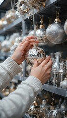 Hands holding a silver Christmas ornament with intricate designs amidst a shelf filled with decorative baubles