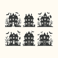 Vector art of set of six spooky haunted houses with bats, ghosts, and tombstones, perfect for halloween decorations and designs