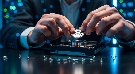 Hands assembling computer hard drive assembly technology