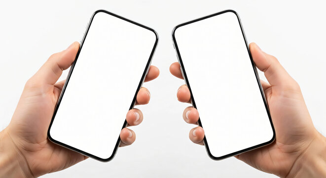 Two Hands Holding Modern Smartphones with Blank Screens for Mockup Isolated on White Perfect for App Developers Designers and Tech Companies