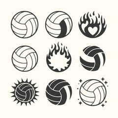 Fototapeta premium Vector art of collection of stylized volleyball icons and graphics, including flaming balls, sunbursts, and sparkling designs, isolated on a light cream background
