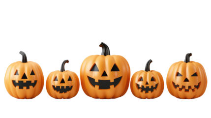 a playful arrangement of jack-o'-lanterns with intricate carved faces, perfect for halloween decoration, against a classic background. Isolated On Transparent and White Background