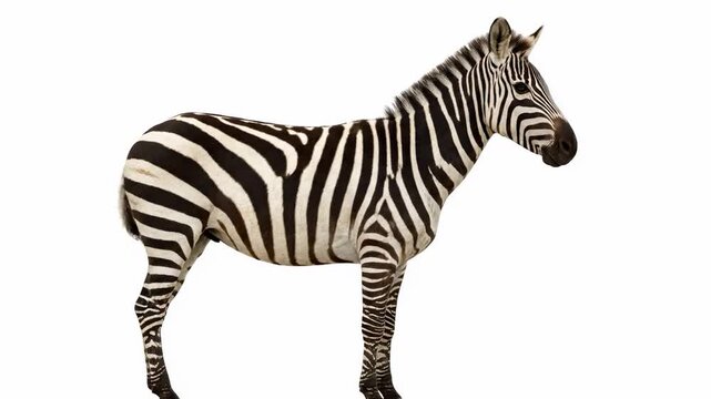 Striped wonder Zebra stepping elegantly across white.