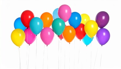 Cluster of colorful helium balloons floating against white backdrop—vibrant hues and upward motion evoke celebration, joy, and lightness in minimalist festive symbolism composition.