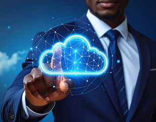 A man in a dark blue suit points at a glowing cloud icon against a blurred sky, symbolizing technology, innovation, and connection