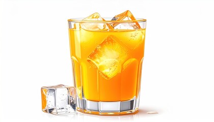 A clear glass filled with a vibrant orange liquid and several ice cubes, with one ice cube resting next to the glass, against a white background