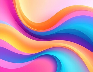 Vibrant, abstract artwork. Fluid curves in warm pink, orange, yellow hues blend into cool blues in a wave-like, dynamic, modern design
